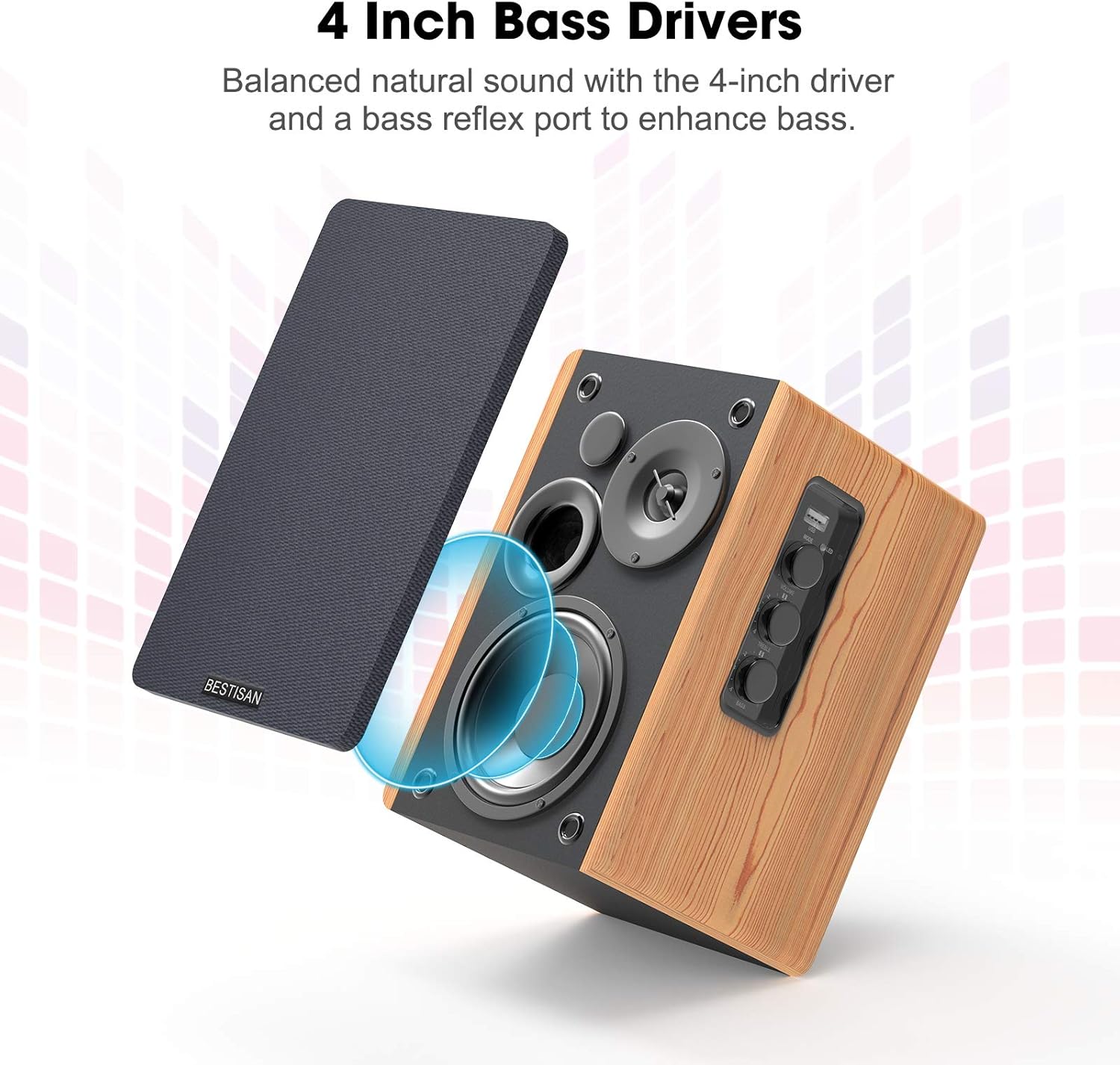 Bookshelf Speakers, BESTISAN Powered Bluetooth Bookshelf Speakers, Optical Input, Wireless Studio Monitors, 4 Inch Near Field Speaker - 50W RMS