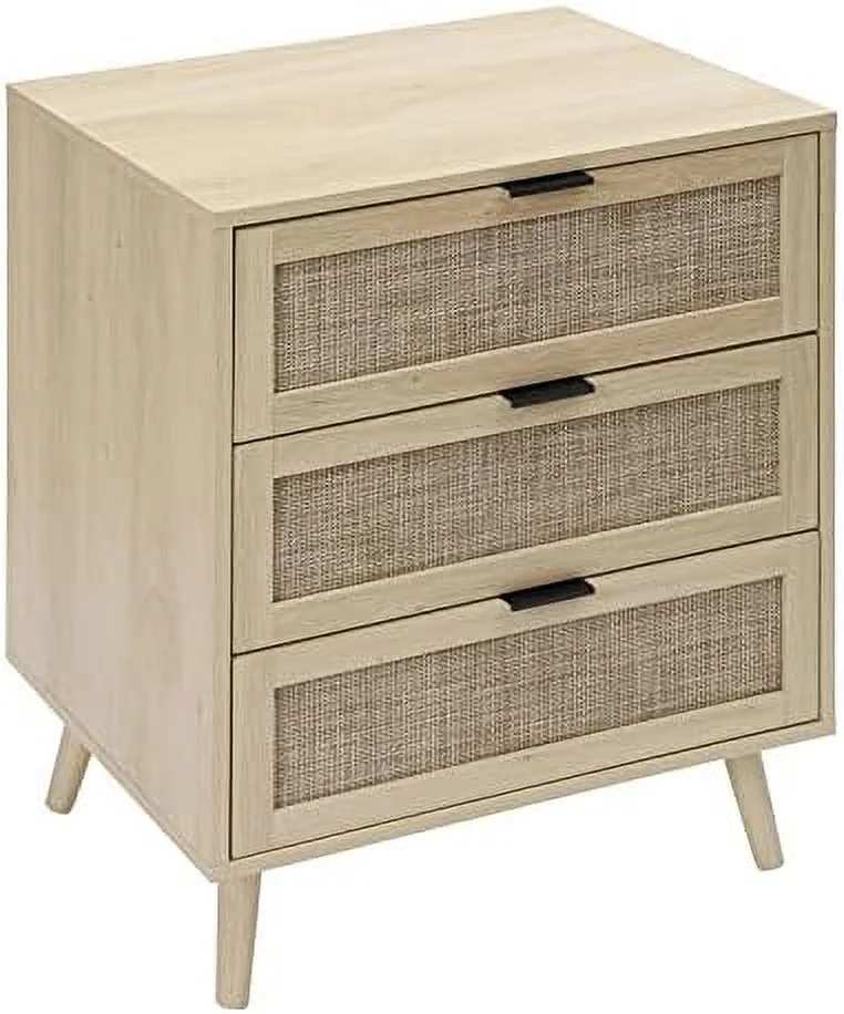 TJUNBOLIFE 3 Drawer Dresser Chests for Bedroom  3 Drawer Nightstand   Rattan Small Dresser Cabinet of 3 Drawers with Solid Wood Legs &amp