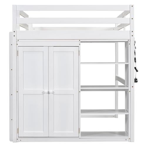 Harper & Bright Designs Full Size Loft Bed with Desk, Storage Shelves and Drawers, Solid Wood Loft Bed Frame with Built-in Wardrobe, Walnut
