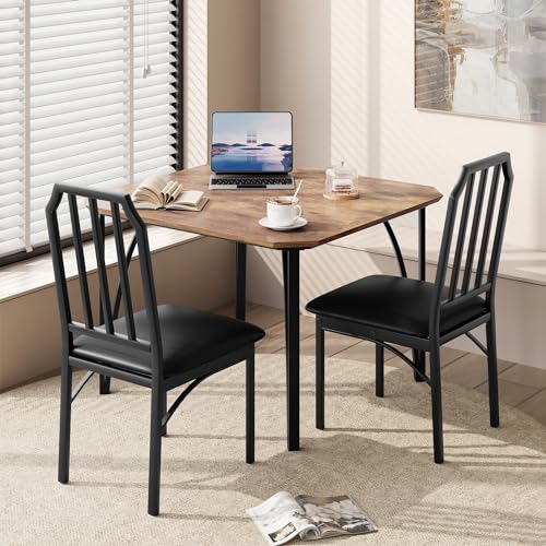GAOMON Dining Table Set for 2, Kitchen Table and Chairs with Chamfer Design, 3 Piece Dining Room Set with Cushion Seats for Small Spaces