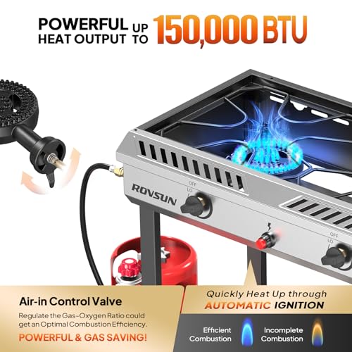 ROVSUN 2 Burner Outdoor Propane Gas Stove with Auto-ignition, Regulator & Shelf, 150
