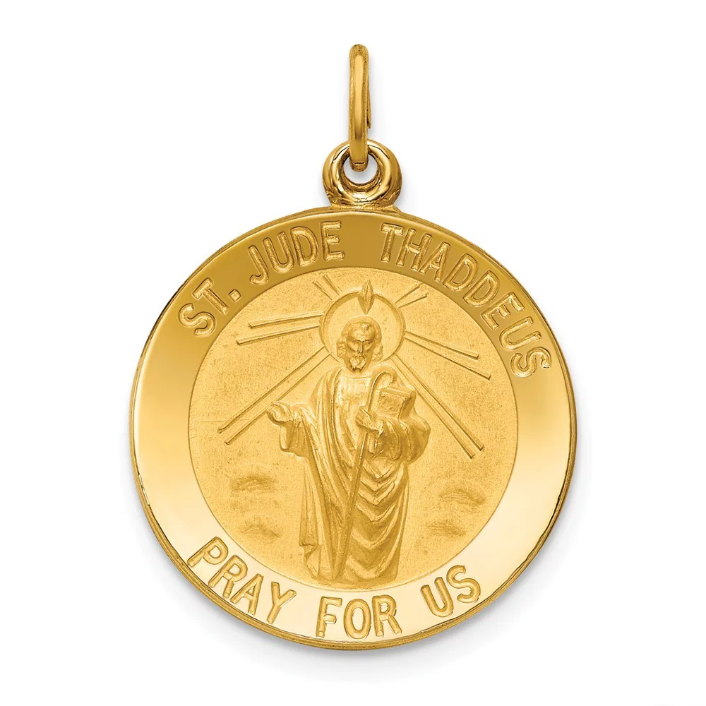 14k Engravable Gold Solid Polished Satin Small Round St. Jude Thaddeus Medal Pendant Necklace Measures 25x18mm Wide Jewe