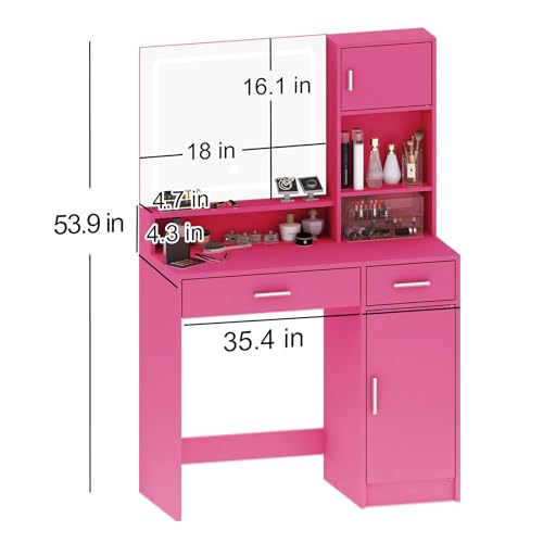 Vanity Desk with Mirror and LED Light Strip,Dressing Table with Large Drawer, 3 Level Storage Dresser & 3 Lighting Modes Adjustable Brightness