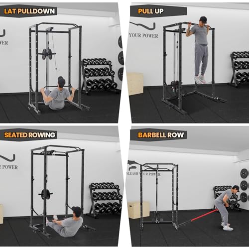 Power Cage with LAT Pulldown, Multi-Functional Power Rack with Cable Pulley System and J-Hooks, Squat Rack with Dip Bars and Landmine Attachment