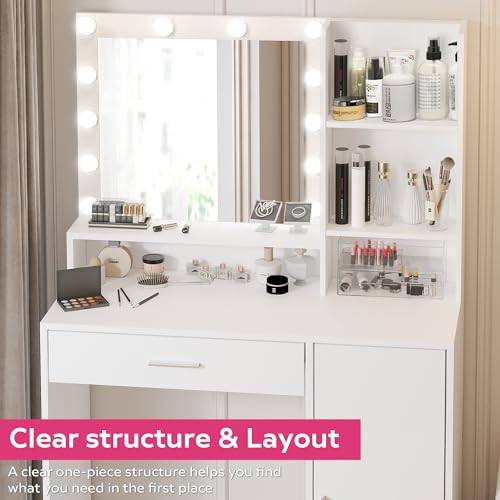 Vanity Desk with Mirror and Light, Large Drawer and Three Level Storage Dresser, 3 Lighting Modes Adjustable Brightness
