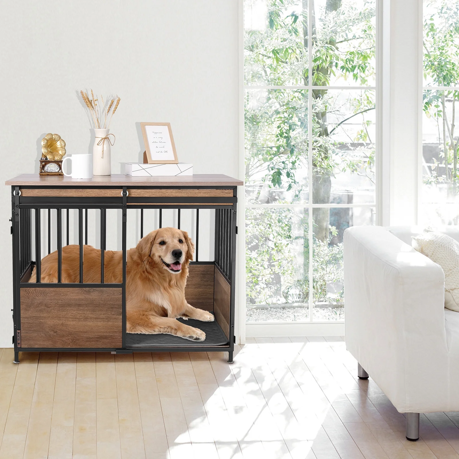 Aotiyer Dog Crate Furniture, 36" L Wooden Dog Kennel with Cushion, End Table, Anti-Chew Heavy-Duty Dog Kennel with Double Doors for Medium/Large Dogs