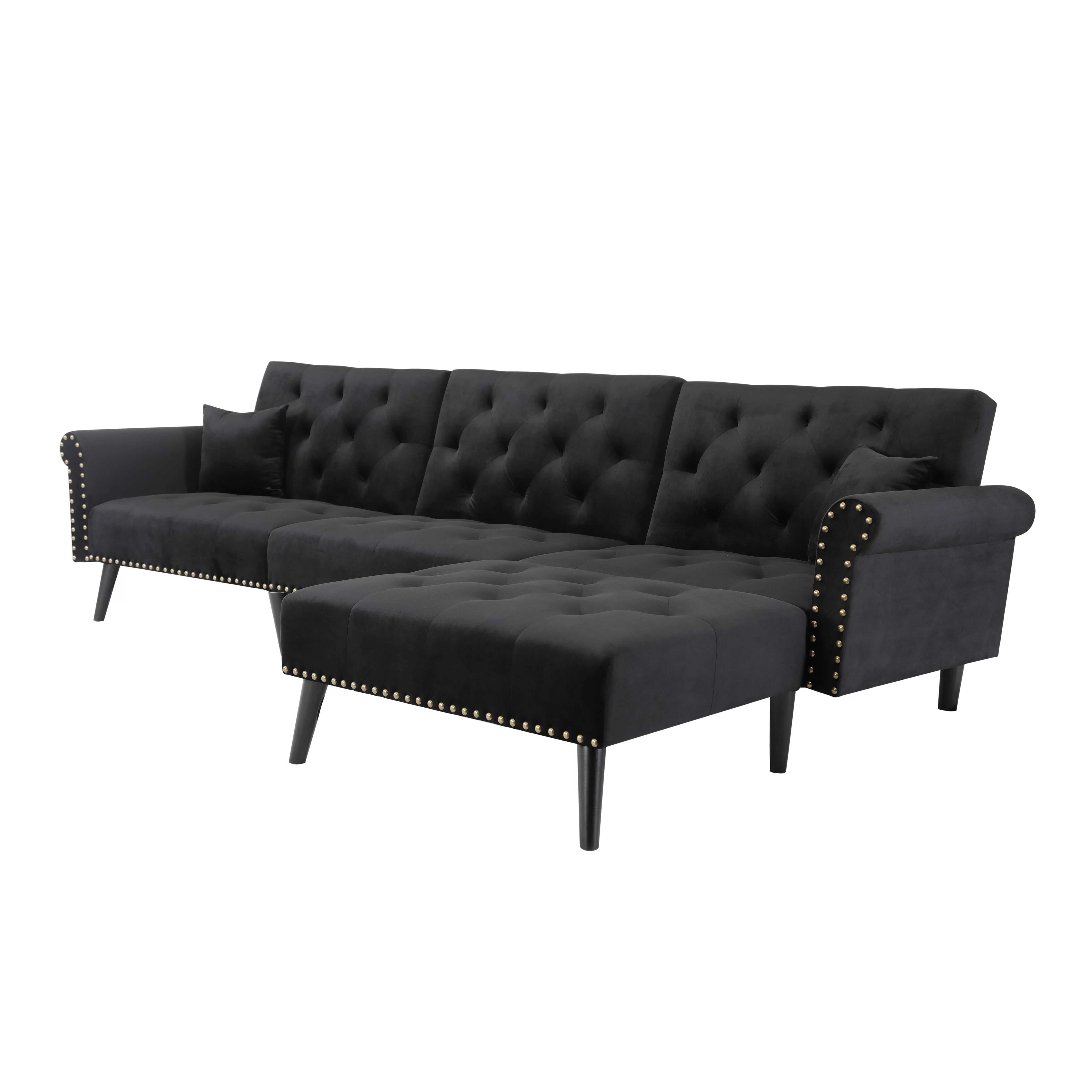 BSHTI 115 inch Stylish Minimalist Sectional Sofa Couch,Velvet Sleeper Futon bed with Reversible Chaise for Living Room(Black)