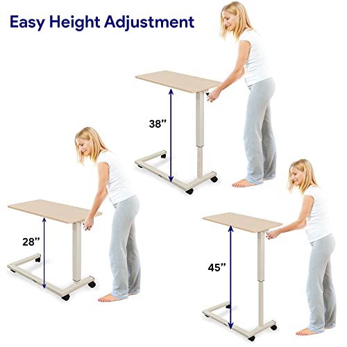 Medacure Hospital Bed Table, Light Oak - Overbed Table with Wheels & Adjustable Height - Food, Laptop, and Reading Overbed Desk