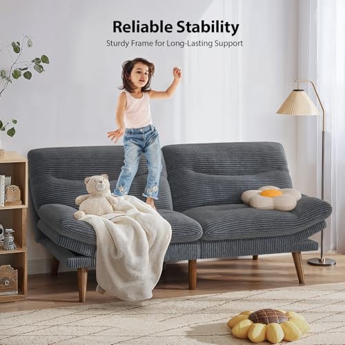 Pipishell Convertible Futon Sofa Bed,66" Corduroy Futon Couch with Adjustable Backrest and Armrests, Recliner Sleeper Sofa for Small Spaces