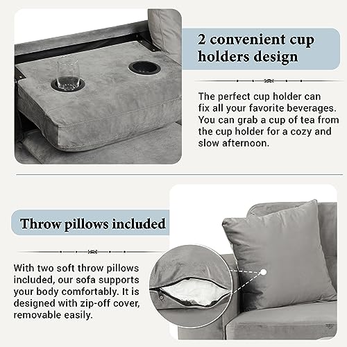 P PURLOVE Sectional Sofa Couch with Reversible Chaise and Ottoman, Polyester L-Shape Couch with 2 Pillows and Cup Holder