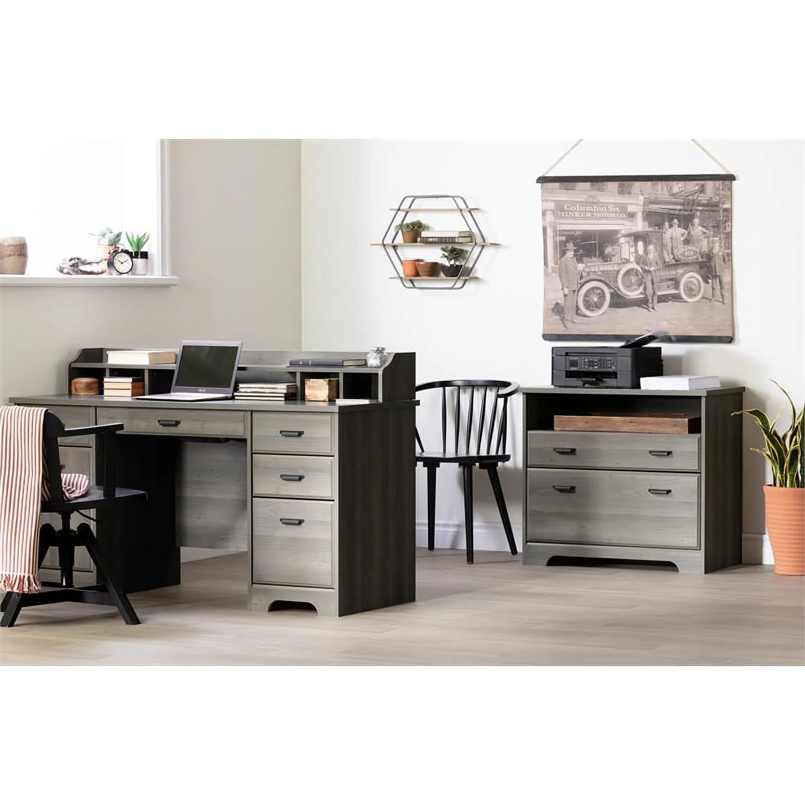 South Shore Versa Desk with Hutch and 2-Drawer File Cabinet Set in Gray Maple
