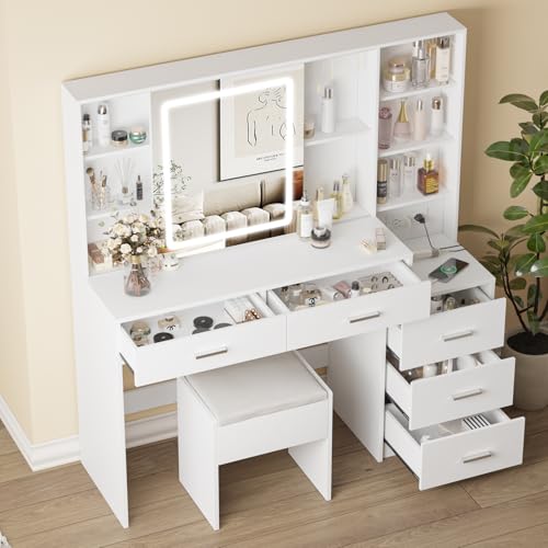 Fameill Vanity Desk with Mirror and Lights, Makeup Vanity with 5 Drawers, Makeup Desk with Charging Station and Ample Storage
