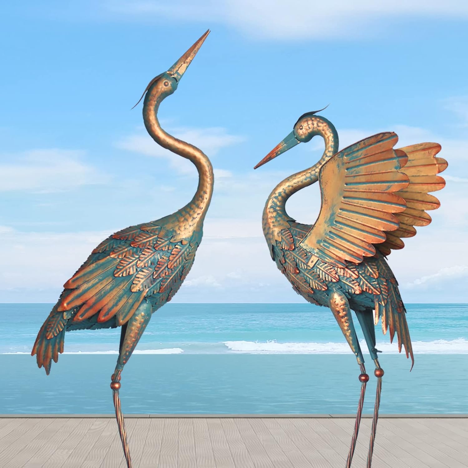 33-37 Inch Metal Crane Garden Statue Décor, 35-40 Inch Standing Garden Crane Statues, Outdoor Decoration for Yard Pond Lawn Backyard Pool