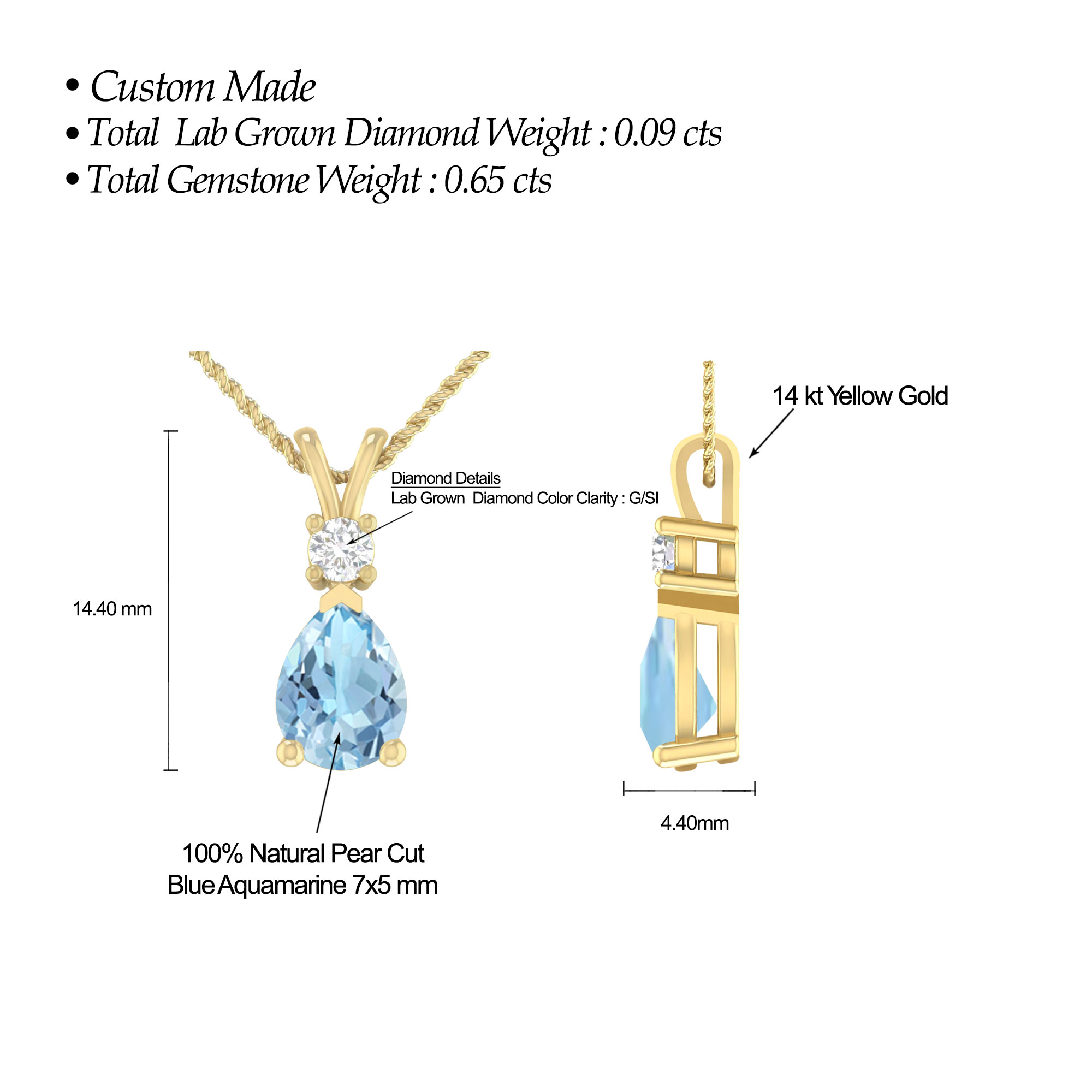 1.55 Carat 14K Yellow Gold Aquamarine and Round Lab Grown Diamond Solitaire Pendant Necklace for Women (G Color, SI Clarity)(7X5 mm Aquamarine)