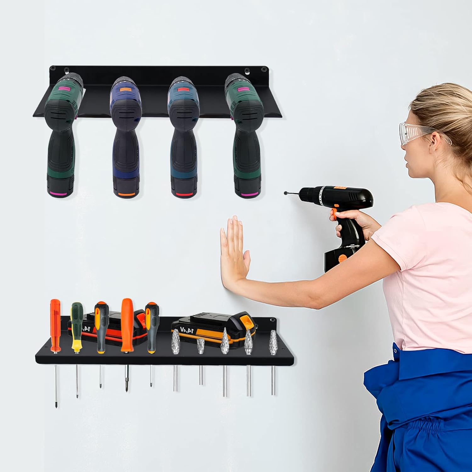 Electric Drill Storage Rack Holds 4 Drills, YOCOMEY Heavy Duty Metal Power Tool Storage Shelf, Wall Mounted Hanging Organizer for Garage, Home