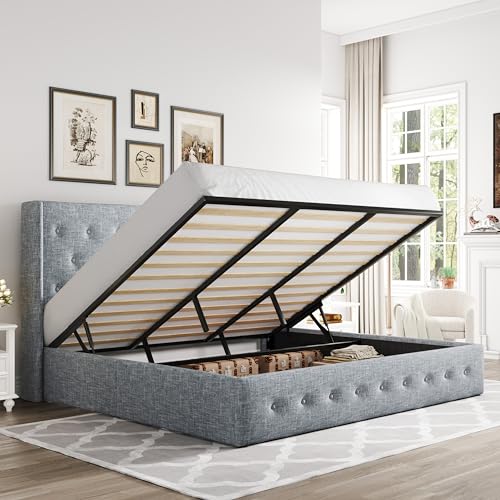 Allewie Full Size Lift Up Storage Bed, Modern Wingback Headboard, Hydraulic Support, No Box Spring Needed, Light Beige