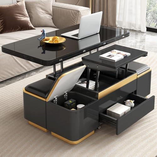 3-in-1 Multi-Functional Coffee Table with Glass Tabletop, Lift Top Center Table with 4 Storage Stools, Expandable Dining Table for Living Room