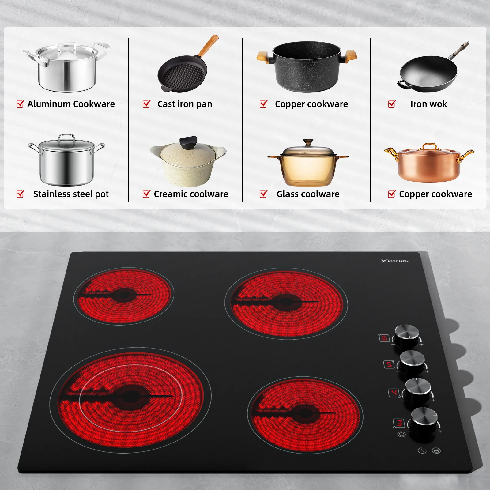 IsEasy Electric Cooktop 24 Inch, 4 Burners 220-240V 7500W with Knobs, 9 Heating Levels, Timer, Child Lock, Hard Wired, No Plug