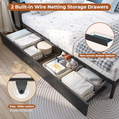 DICTAC Corner Full Bed Frame with Bookcase Storage and Led Lights Full Size Metal Platform Bed Frame with Storage Drawers & Charging Station Full