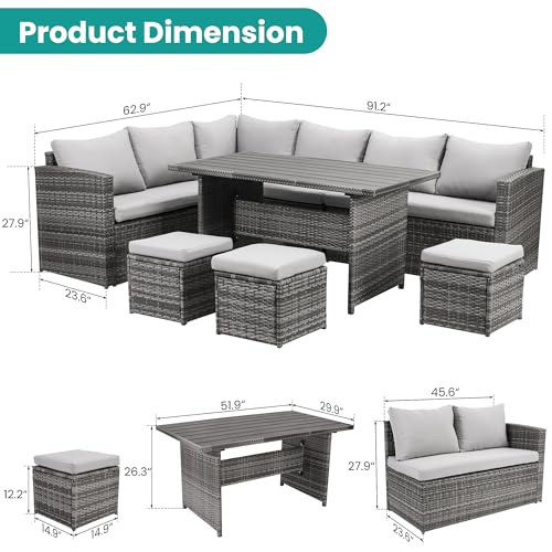 Patio Furniture Set, 7 Pieces Outdoor Patio Furniture with Dining Table&Chair, All Weather Wicker Conversation Set with Ottoman