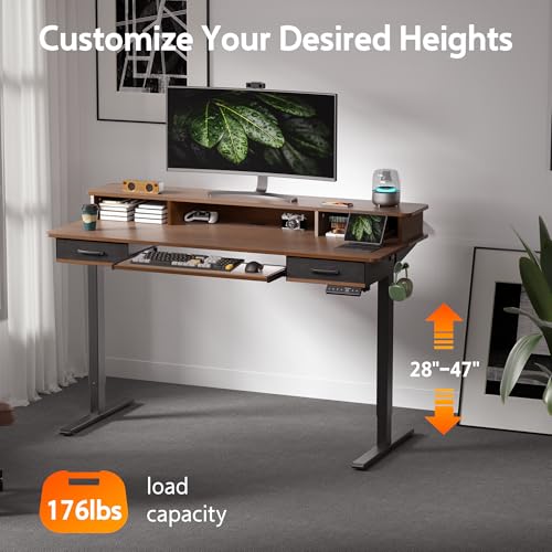 48x24 Inches Electric Standing Desk with 2 Drawers, Height Adjustable Stand up Desk for Home Office, Ergonomic Sit to Stand Table with Storage Shelf