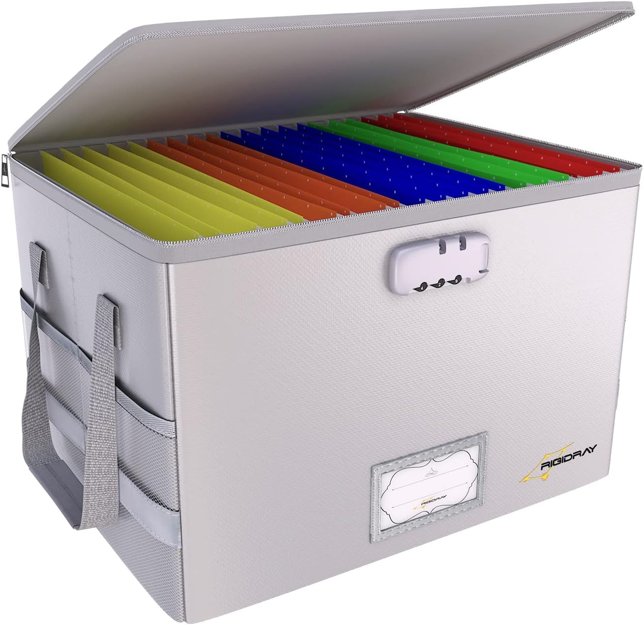 Large Silver File Organizer Box with Lock & Straps- Heavy Duty Fireproof & Waterproof Important Document Organizer - 15.5 X 10 X 12.2in Dimensions