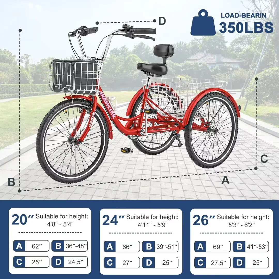 Docred Adult Tricycle 7 Speed 24 Inch Three Wheel Bike Cruiser Trike for Men/Women/Seniors