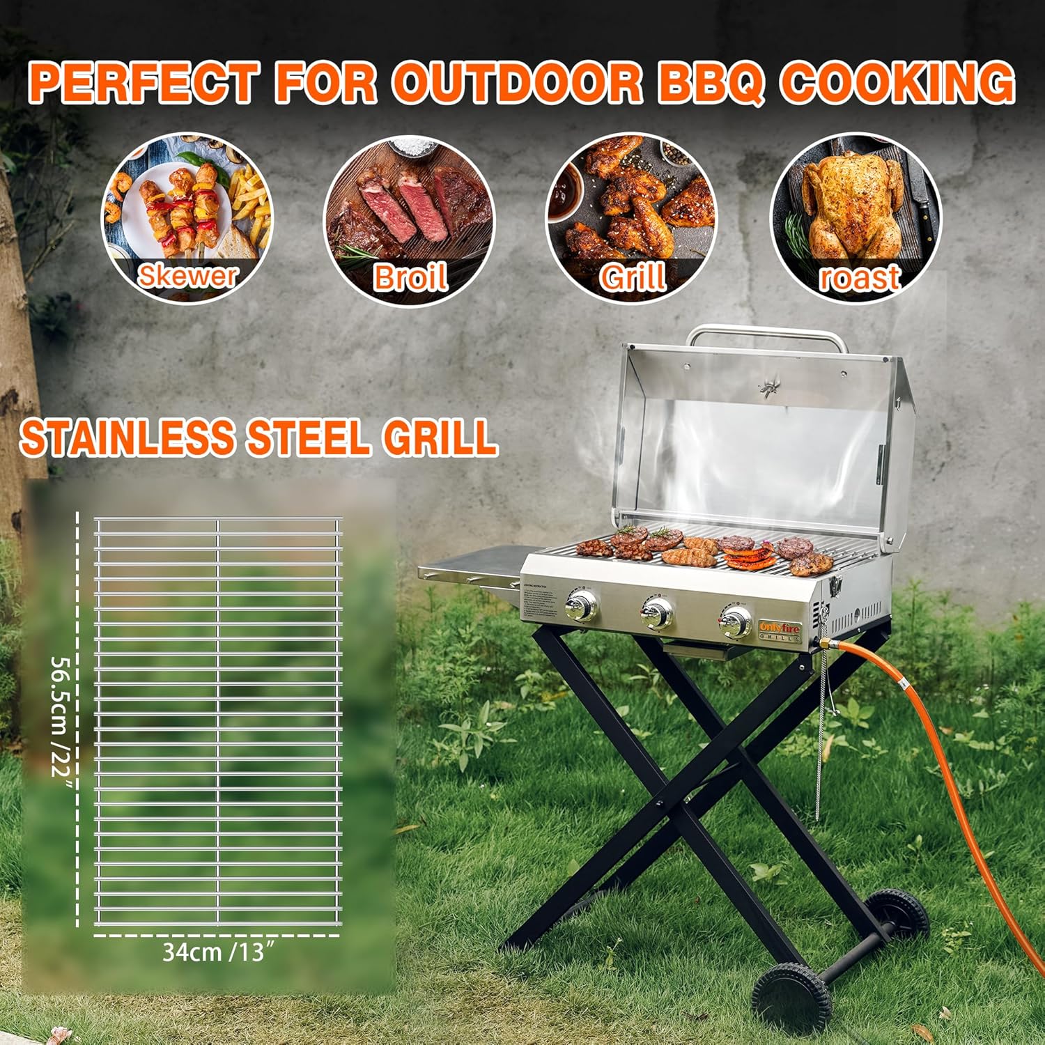 Onlyfire 3 Burner Gas Grill Trolley BBQ Gas Grill with Grill Grate 7 kW Grill Surface 56.5 x 34 cm with Side Tables, Foldable Trolley Wheels