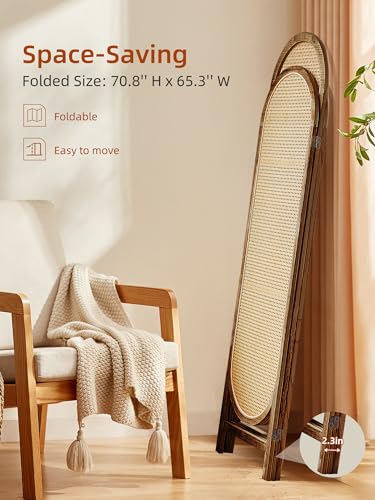 3 Panel Room Dividers and Folding Privacy Screens, Hand-Made Rattan Room Divider with Bi-Directional Hinge