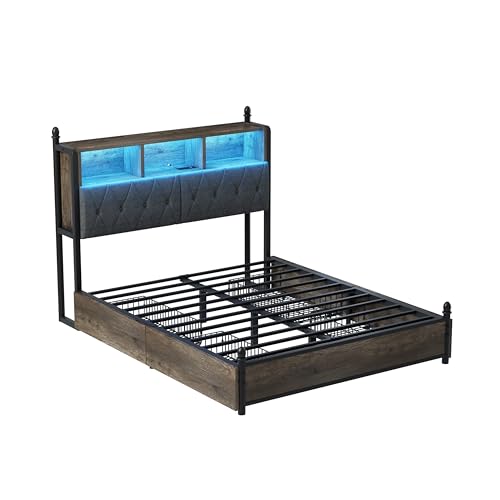AMERLIFE Full Size Bed Frame with Bookcase Headboard, 4 Storage Drawers, Wooden Platform Bed with Charging Station & LED Light, No Box Spring Needed