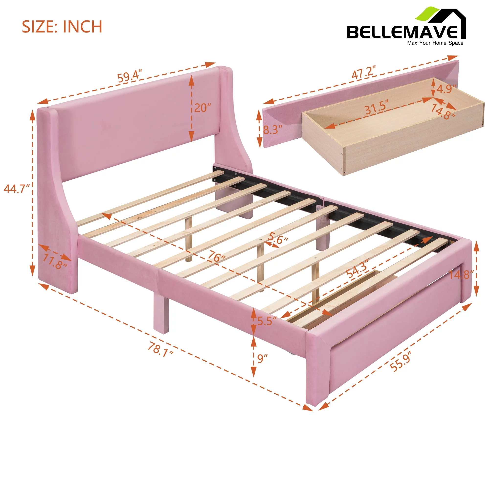 Bellemave Full Size Pink Velvet Upholstered Platform Bed with One Spacious Drawer and Wood Slats