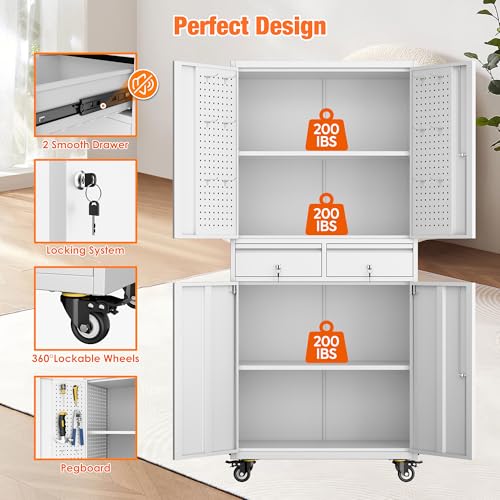 Aobabo 71" H×32" W×16" D Metal Storage Cabinet with Wheels, Garage Steel Storage Cabinet with 5 Adjustable Shelves and 4 Hooks for Home Office