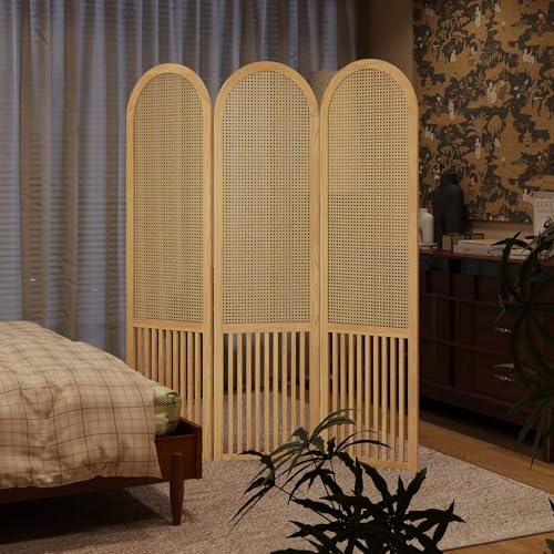 Room Divider and Folding Privacy Screens, Pine Wood 5.6 Ft Double Hinged Rattan Partition Freestanding Wall Room Divider for Home - 3 Panels