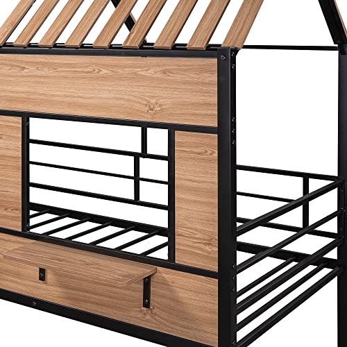 Harper & Bright Designs Kids House Beds Low Loft Bed Frame with Roof, Window, Guardrail and Ladder