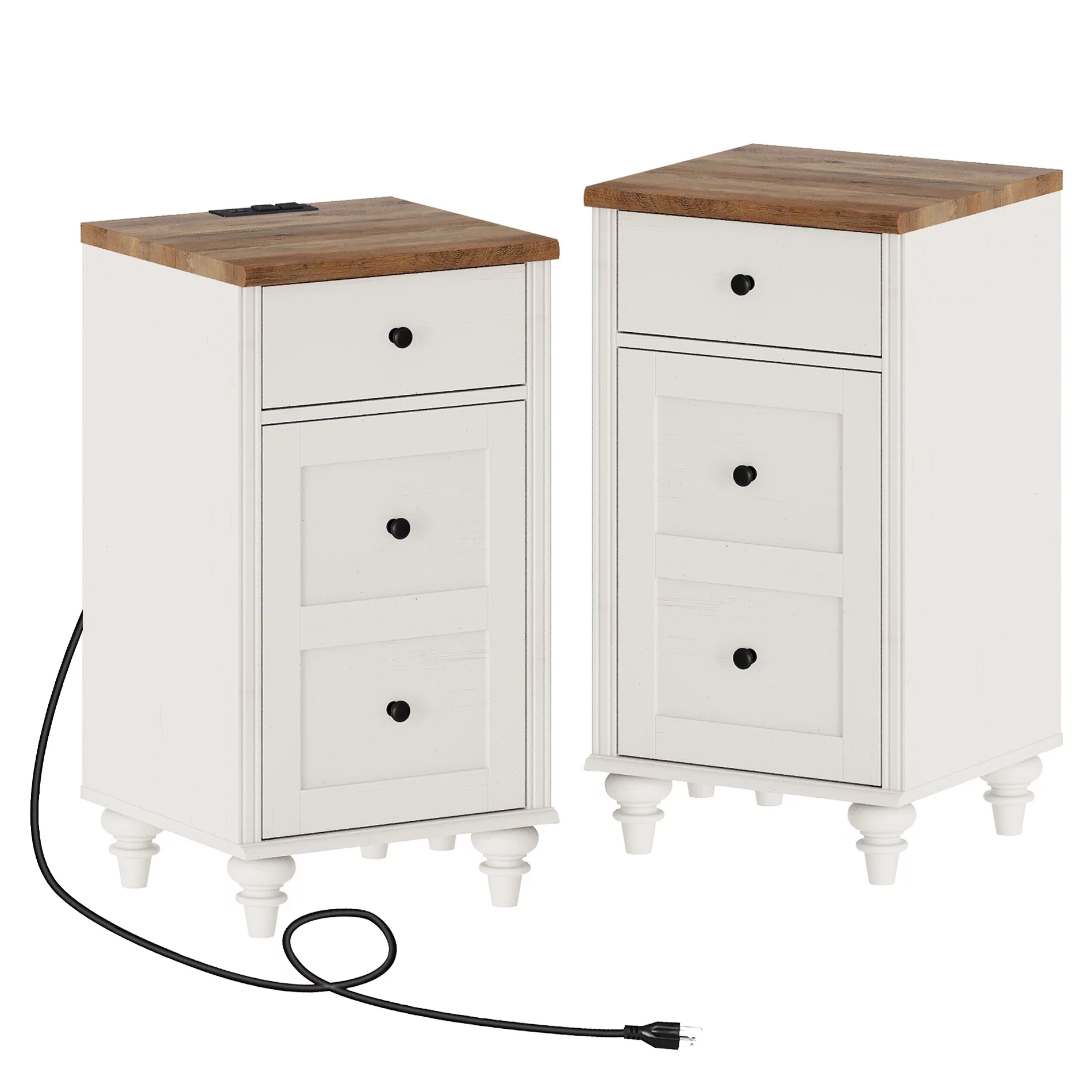 Set of 2 Nightstand with Charging Station, Bedside Table Built-in Outlets, Wood End Table with Drawer and Storage for Living Room, Bedroom,Off-White