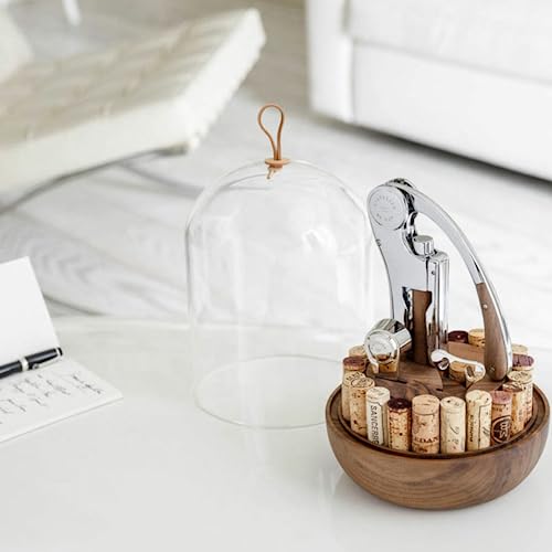 L'atelier Du Vin Oeno Motion Groom Corkscrew & Cork Dome Glass Cloche Display - Tabletop Centerpiece Walnut Wood Base Wine Tasting