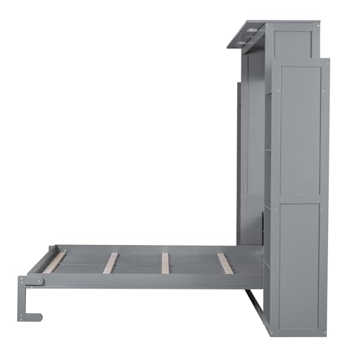 Harper & Bright Designs Queen Size Murphy Bed Wall Bed with Storage Shelves and LED Lights, Space-Saving for Multipurpose Guest Room or Home Office