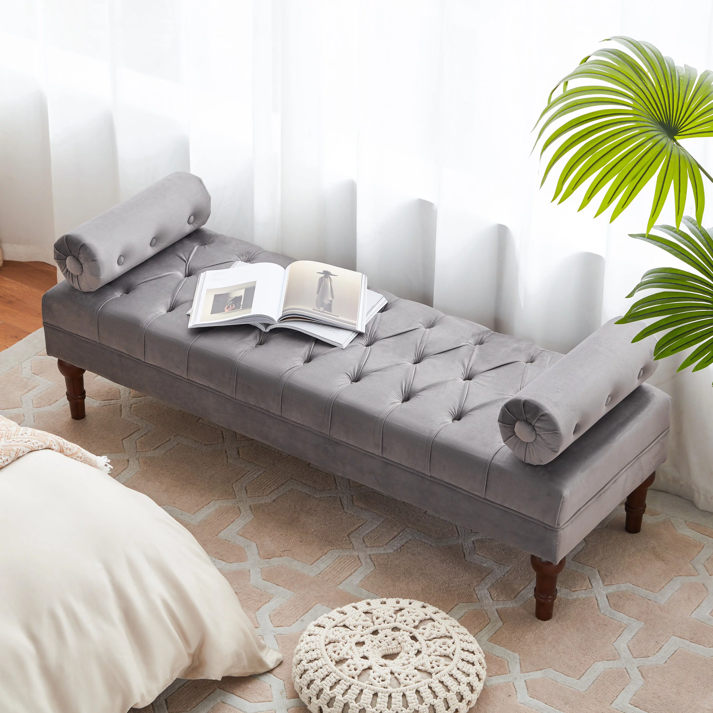 HUIMO 60.2 Inch End of Bed Bench with 2 Pillows Rolled Armed Ottoman Bench, Button Tufted Upholstered Bench Footrest Stool for Entryway