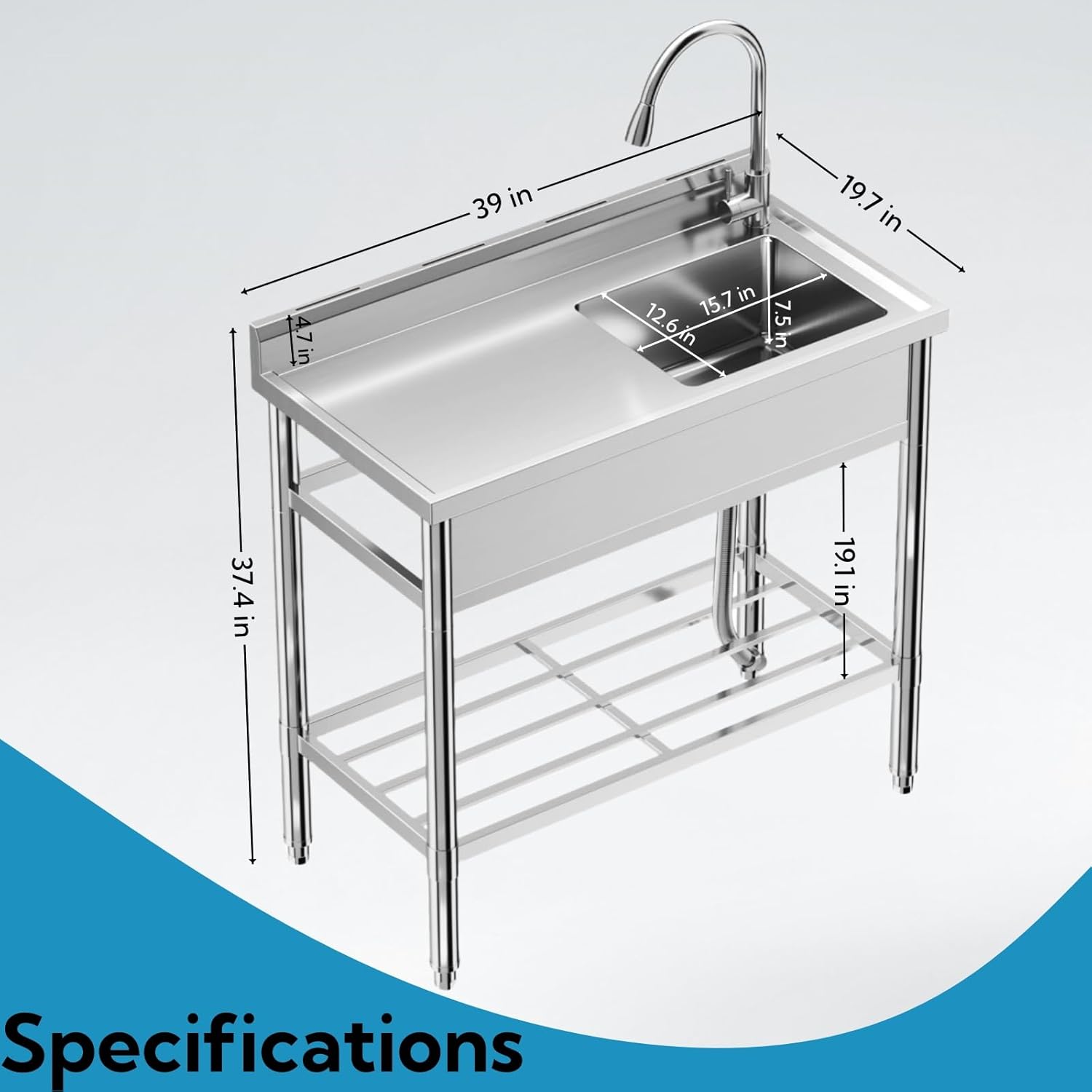 GAOMON Stainless Steel Utility Sink, Free Standing Commercial Kitchen Sink Set w/Workbench Storage Shelf & Hot/Cold Faucet