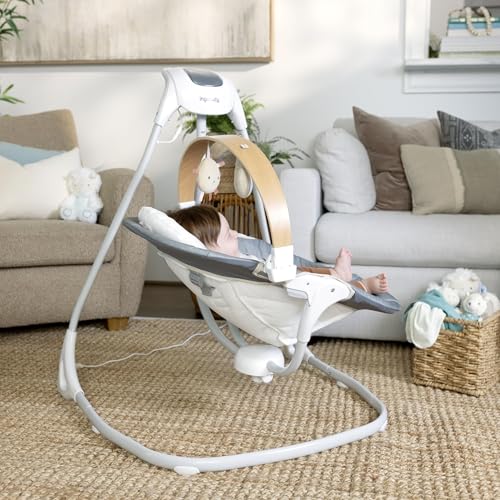 Ingenuity SimpleComfort Lightweight Compact 6-Speed Multi-Direction Baby Swing, Vibrations & Nature Sounds, 0-9 Months 6-20 lbs (Pink Cassidy)