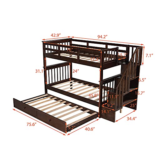 Harper & Bright Designs Twin Over Twin Bunk Bed with Stairs and Trundle, Solid Wood Stairway Bunk Bed Frame with Storage