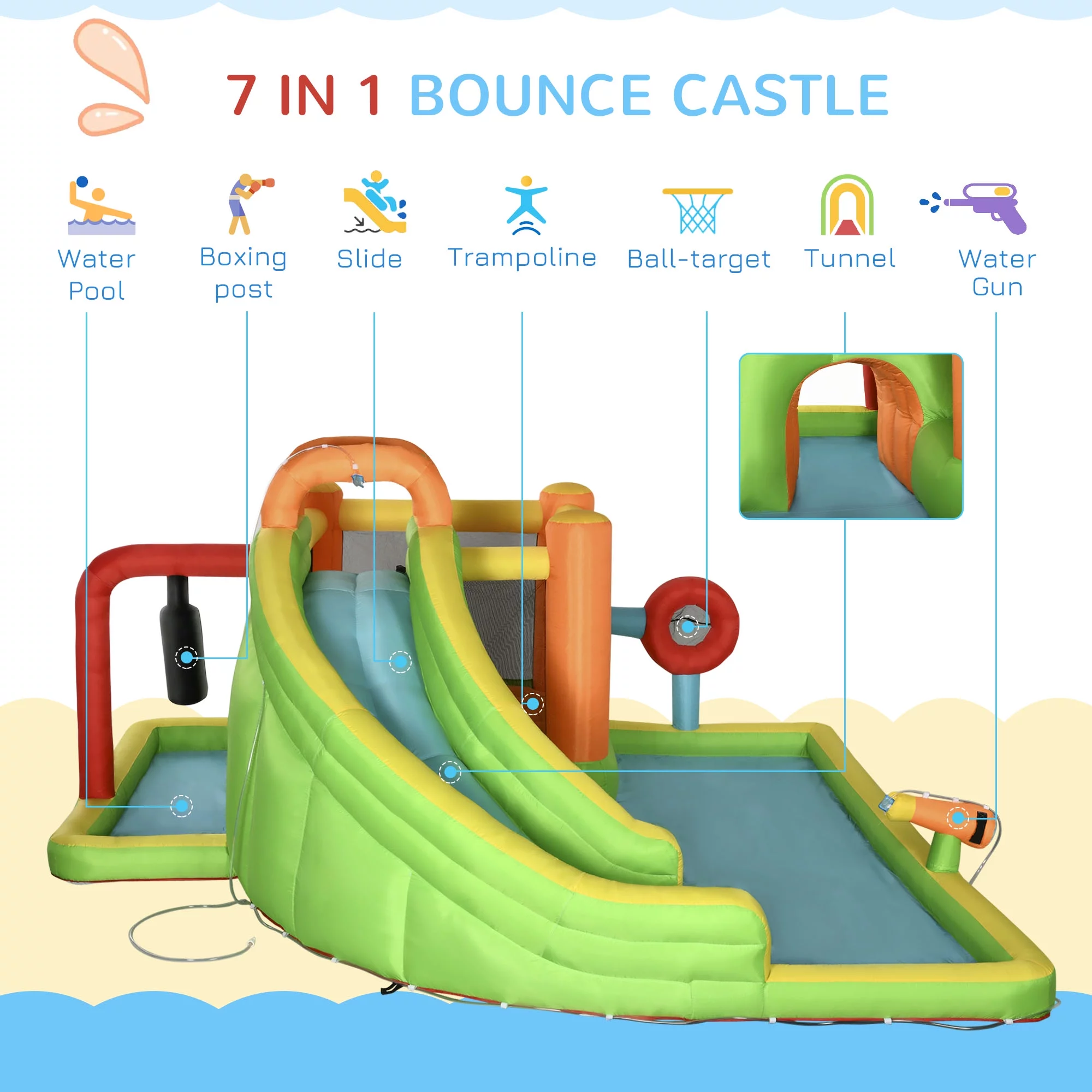 Outsunny 7-in-1 Inflatable Water Slide, Kids Castle Bounce House Includes Slide, trampoline, Pool, Water Cannon, Ball-target, Boxing Post
