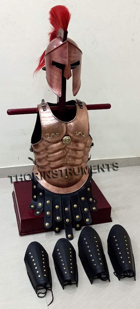 THOR INSTRUMENTS King Leonidas Spartan 300 Movie Helmet W/Red Plume +Muscle Jacket+ Leather Leg Arm Guards Medieval Armor Shield Black Rustic Vintage