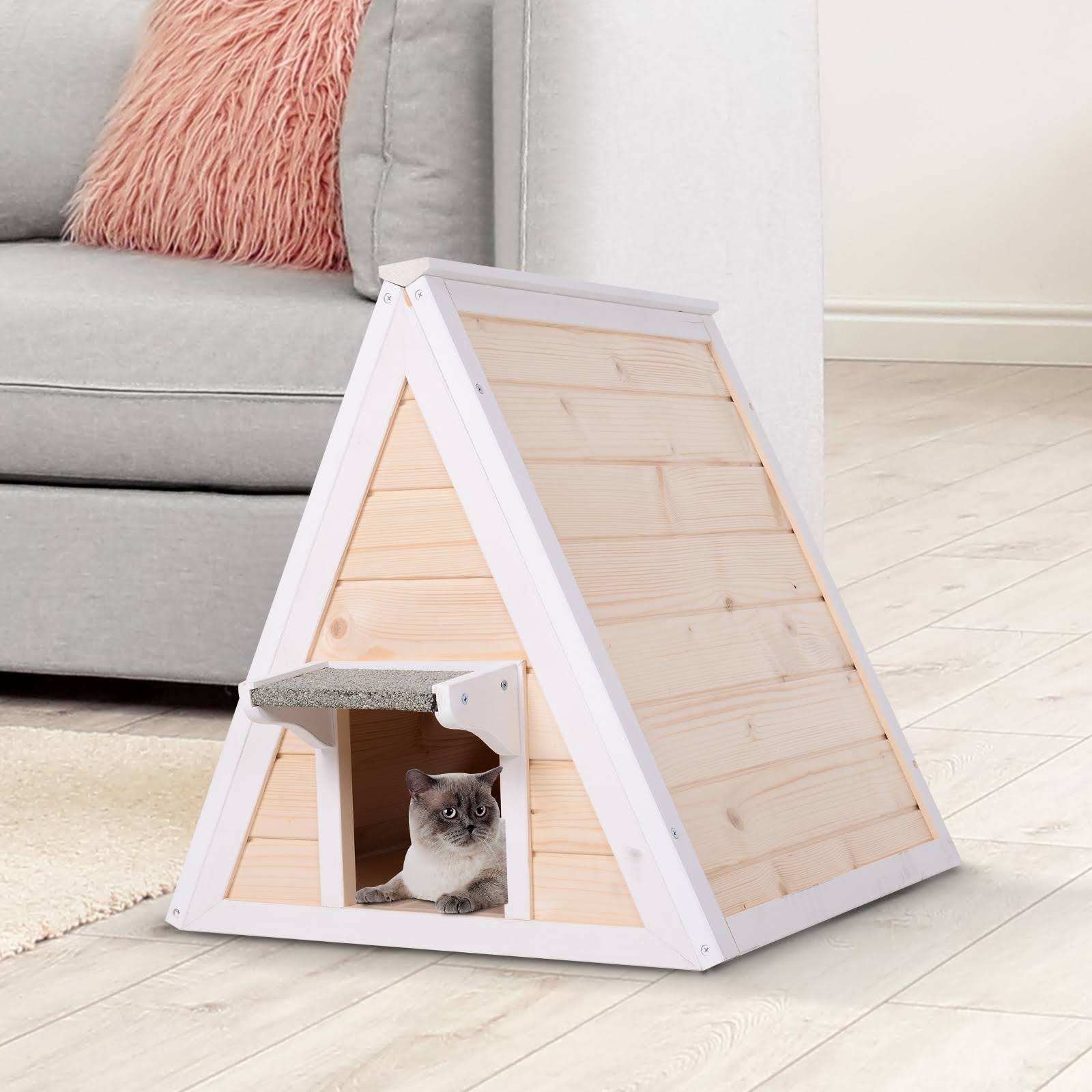 Pawhut 21x22 Solid Wood Cat Condo Natural Water Proof Outdoor Pet Shelter Small House - Natural