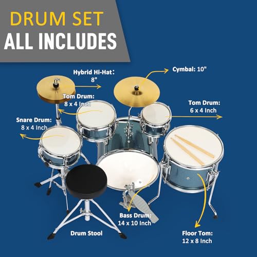 Ktaxon 5-Piece Complete Junior Drums Set, 14 Inch Beginners Drum Kit with Throne Stool, Pedal & Drumsticks, Kids Drums Musical Instruments W/Cymbal