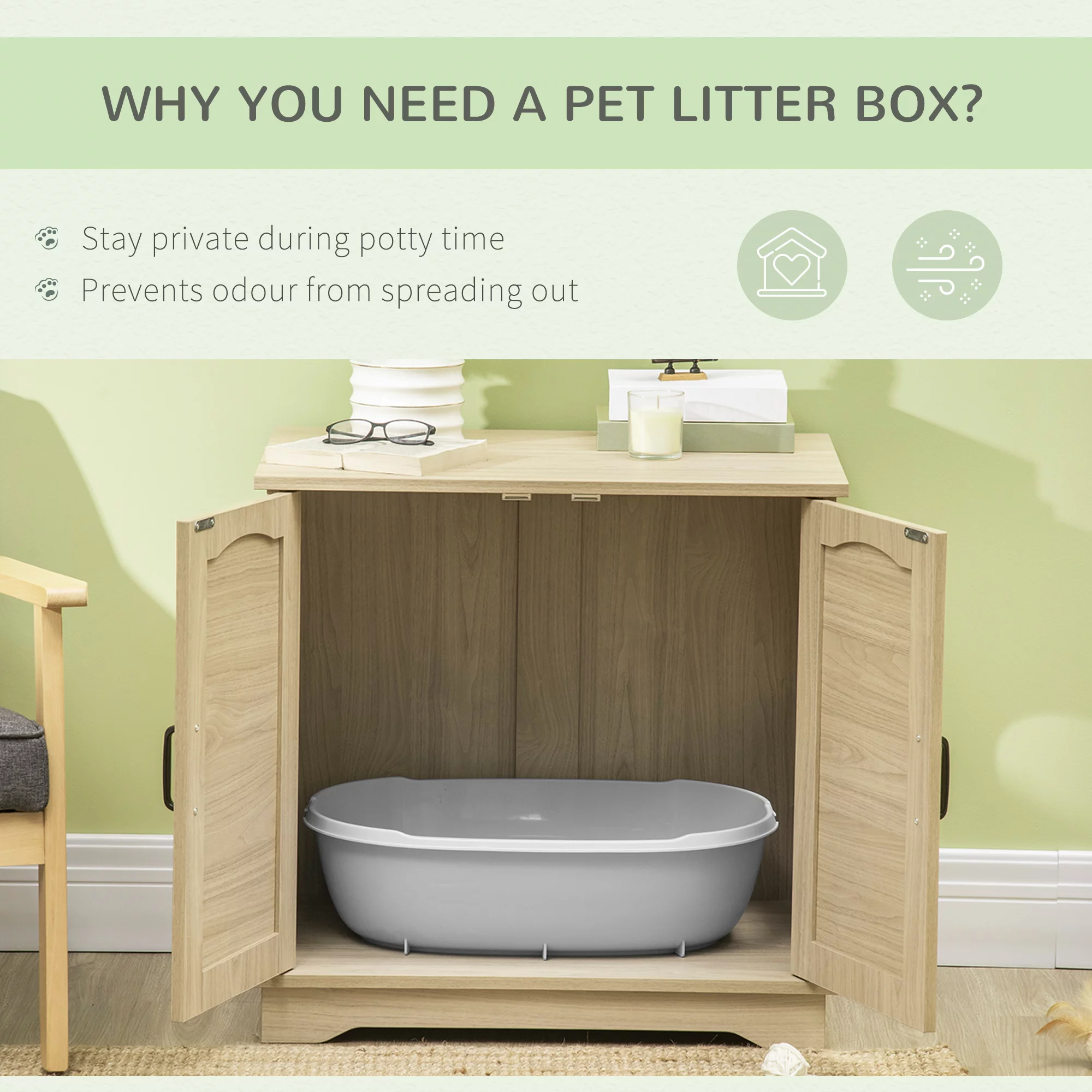 PawHut Hidden Litter Box Enclosure Cat Washroom Furniture with Cushion Double Doors Wooden Pet House End Table, Oak - Radiant Selections