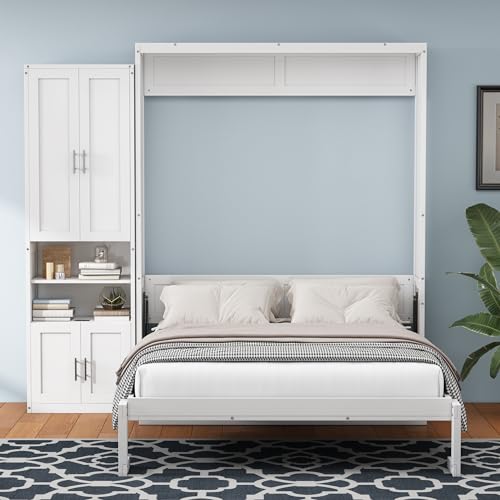 Modern Murphy Bed with 2 Side Cabinet Storage Shelf, Dual Piston System, Sturdy Metal Frame Wall Bed for Guest Room, Home Office (Brown+Bookshelf2