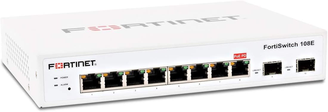 Fortinet | FS-108E | FortiSwitch-108E L2 Switch - 8 x GE RJ45 Ports, 2 x GE SFP, Fanless line AC and PSE Dual Powered L2+ Management Switch