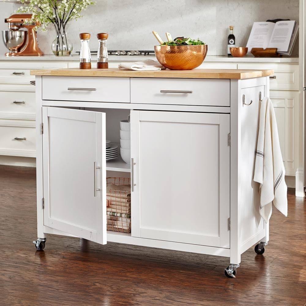 StyleWell Glenville White Kitchen Cart with 2 Drawers, White with Natural Wood Top