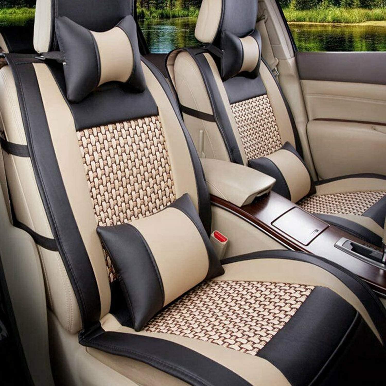TYFYB Universal 5 Seats Wearproof PU Leather Car Seat Cover Full Set Seat Pad Protector Set Front + Rear Cushions w/Pillows Black/Beige